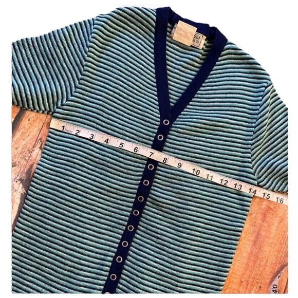Vintage Blue and Green Striped Stretchy short sleeve snap button Top - Picture 4 of 5